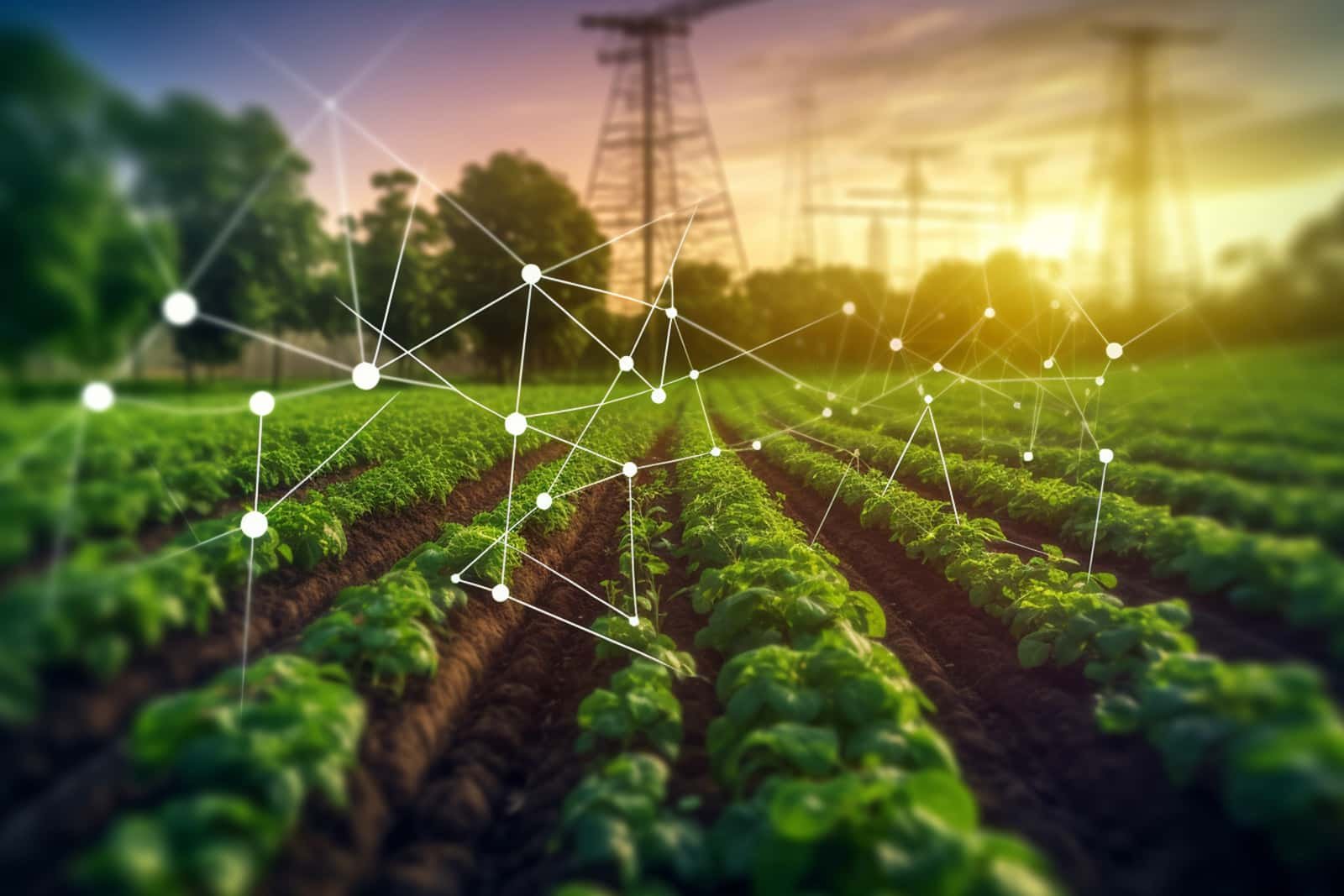 Smart agricultural field with digital network overlay across crop rows, representing data-driven farm planning, monitoring, and precision management.